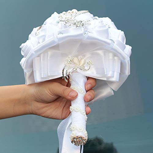 Dotkv Wedding Bouquet, Artifical Rose Posy With Satin Jeweled Throw Bouquet, Bridesmaid Holding Flowers,Wedding Bouquets Silk Flower, Wedding Memories Forever (Pure White) #TOP5
