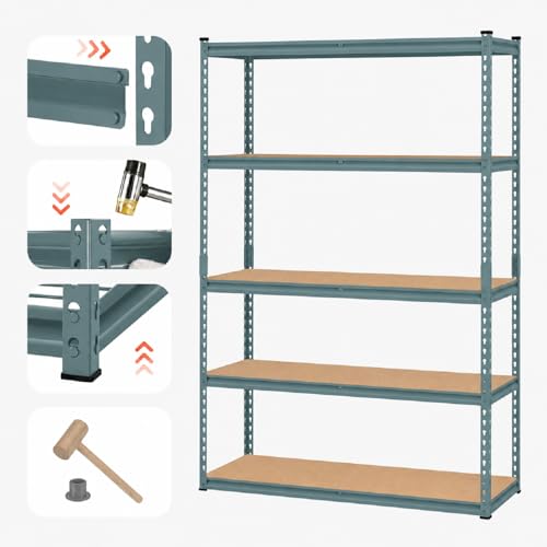 Image of Adjustable 5-Shelf Metal Storage Rack | Heavy-Duty Steel Boltless Rivet Utility Shelving Unit for Garage, Kitchen & Office | 54 Inches Height (54 x 24 x 12 in) - Grey