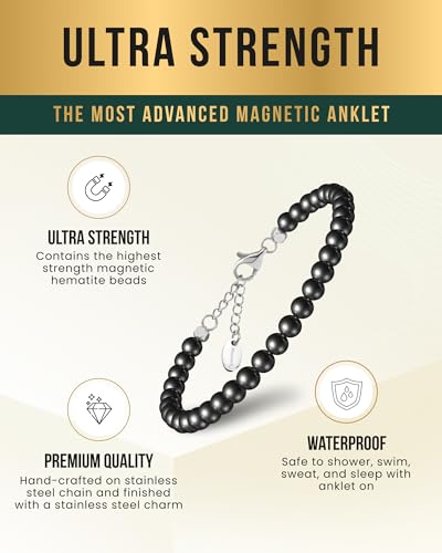 Image of MagnetRX Hematite Magnetic Anklet Ultra Strength Hematite Stones Elegant Black Beaded Anklets for Women and Men (6mm Round Beads)