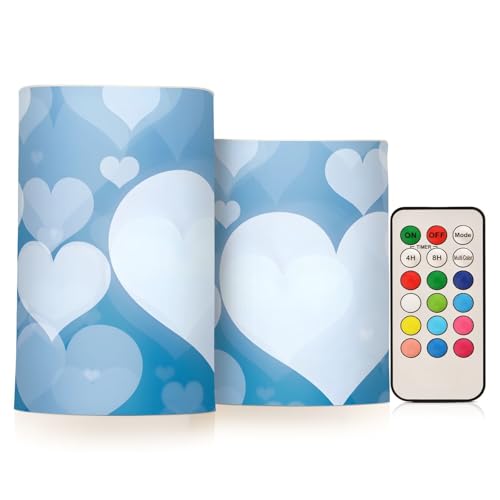 Image of Valentines Lights Flameless Candles Blue Abstract Heart Pillar Candles Set of 2 Battery Operated Remote Control Warm Lights Home Decor