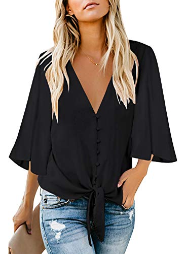 Utyful Women s V-Neck 3 4 Blouse Tie Front Knot Casual Loose Tops A Botton tie-Black Medium