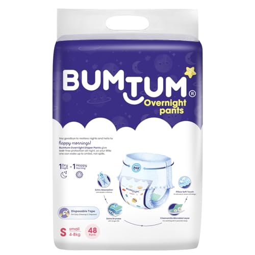 Image of Bumtum Natural Soft Overnight Pants Style Diaper (S 4-8 kg) - 48 Diapers | 12-Hour Absorption, Ultra Gentle & Secure Fit, Pillow Soft Touch, Leak Proof & Gentle Chamomile Care Pack of 1