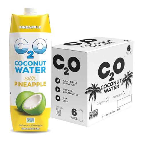 Image of C2O - Coconut Water with Pineapple (6 Pack) - Made with Fresh Coconut Water - Plant Based, Non GMO Water - Natural Hydration, Essential Electrolytes, & Potassium - 6 Tetra Packs, 33.8 FL OZ
