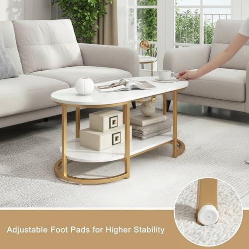 Image of RIZIK Stores Coffee Table - Modern 2-Tier Center Table with Engineered Wooden Top & Metal Frame, Living Room Sofa Table, Elegant Cocktail Table for Home, Office, Dining (White)