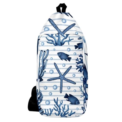 Sac à dos à bandoulière homme femme sac de poitrine bleu coquillages motif marin