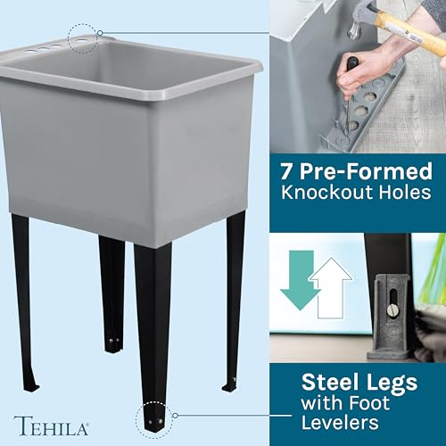 Image of Grey Space Saver Utility Sink by JS Jackson Supplies, Freestanding Tehila Space Saving Laundry Tub, Stainless Pull-Down Faucet, Soap Dispenser