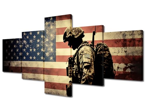 Toile murale haut de gamme drapeau américain et soldats de collection châssis bois inclus