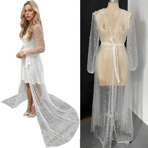 ruthyuexin Pearl Long Sleeve Wedding Jacket Tulle Party Shawl BOLERO Floor-Length Bridal Cape Sexy pearl robe2