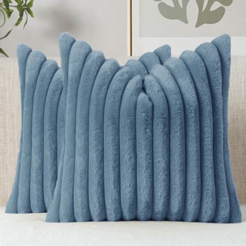 Image of MIULEE Faux Fur Decorative Throw Pillow Covers 24x24 Set of 2 Grey Blue | Coastal Modern Art Spring Home Decor Soft Plush Couch Pillows Cozy Fluffy Cushion Covers for Sofa Bed Living Room
