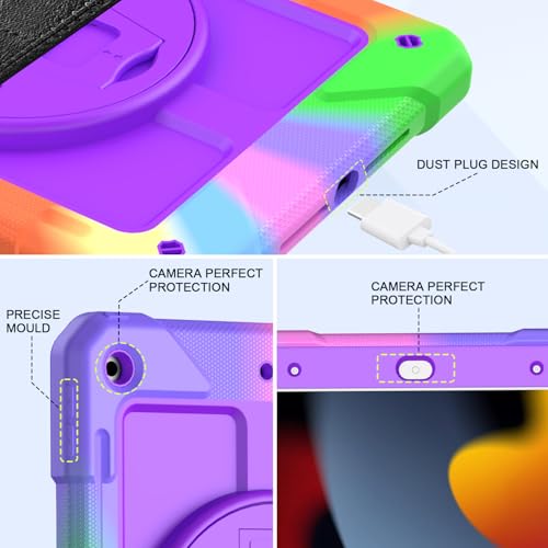 BMOUO for iPad 9th/8th/7th Generation Case 10.2", Shockproof 360 Rotating Stand Shoulder Hand Strap iPad 9th/8th/7th Generation Case with Pencil Holder for iPad 10.2 inch 2021/2020/201 - Purple