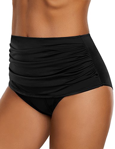 GRAPENT Women's High Waisted Swim Bottom Ruched Bikini Tankini Bottoms Tummy Control Swimsuit Briefs2