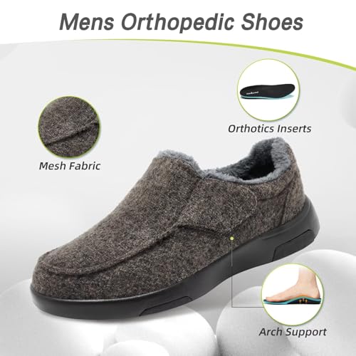OrthoComfoot Men's Orthopedic Slippers Walking Shoes with Arch Support: Slip On Loafers for Plantar Fasciitis, Casual Flat Feet Hook and Loop Mule Clogs for Foot and Heel Pain Relief