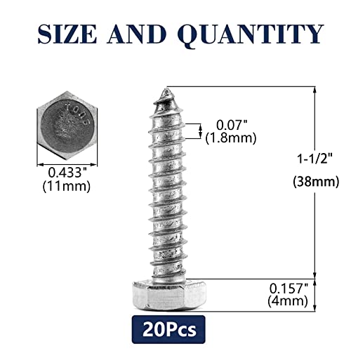Image of 1 /4 inch x 1-1 /2 inch Hex Head Lag Screws Bolts 20Pcs 304 Stainless Steel 18-8, Partial Thread, Hexagon Head Wood Screws by SG TZH