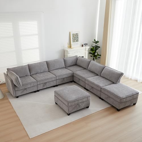 Image of ORRD Oversize Corner Modular Sectional Sofa Set, Convertible L Shaped Couch with Storage, 8 Seater Sofa Modular with Ottomans and Reversible Chaise for Living Room, Office (Grey)
