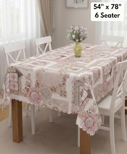 Image of Dakshya Industries PVC Waterproof Dining Table Cover 54x78 Inch for 6 Seater | Floral Printed Washable Oilproof Dustproof Table Cloth for Home Kitchen Dining Table (Ruby Heritage)