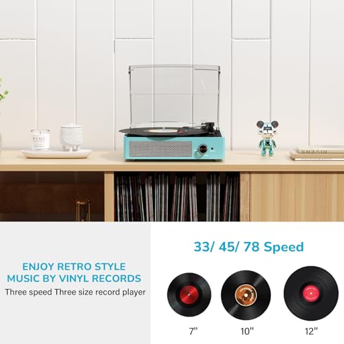 Image of Vinyl Record Player with 2 Stereo Speakers Belt-Driven Vintage Turntables 3 Speed 3 Size Wireless Bluetooth Playback AUX-in RCA Out Headphone LP Vinyl Players Auto Stop Sky Blue