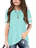 Batermoon Girl's Striped Short Sleeve T Shirts Crewneck Loose Fit Tunic Tops Summer Casual Blouses Light Green