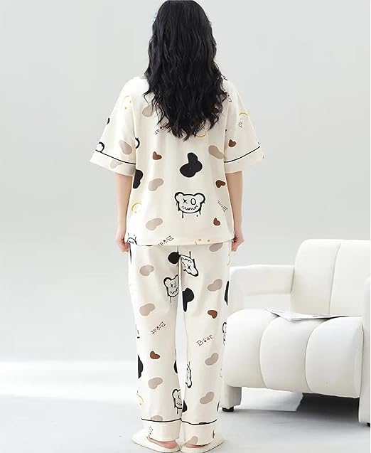 Image of Women's Pajama Set with Top & Pants|| Korean Night Wear|| Loose Fit Home Wear || Lightweight Printed Set || Soft & Comfy Girls & Women
