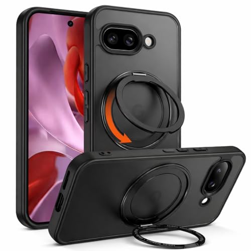 Image of Frosted Black Case for Google Pixel 10A, 360 Magentic Stand, Aero-Space Grade Protection Cover (Black Rotating Stand, Google Pixel 10a)