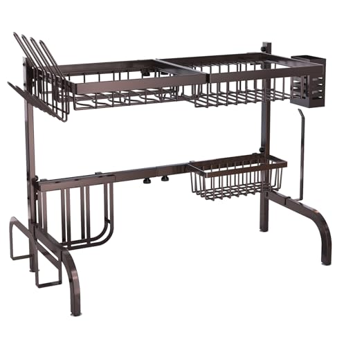 Image of Over The Sink Dish Drying Rack, SAYZH Width Adjustable (25.5 inch to 33.5 inch) 2 Tier Dish Rack Drainer for Kitchen Counter Organization and Storage, Utensil Sponge Holder Sink Caddy Dryer Rack Brown