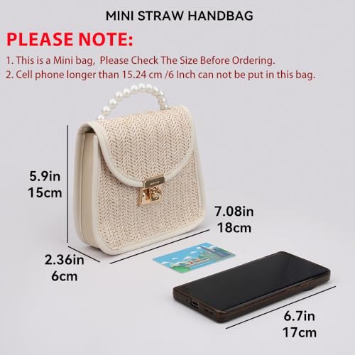 Mini Straw Bag for Girls, Summer Woven Crossbody Shoulder Bag for Women, Small Pearl Top Handle Handbag Flap Purse2