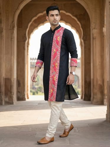 Image of Men's Jamdani Printed Kurta Pajama Set | Pure Cotton Ethnic Kurta with Mandarin Collar & Dupion Silk Pyjama | Festive & Weddings 303A12A 303SB12B(M XXL)