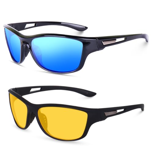 Image of Sports Sunglasses COMBO, UV Protected Wraparound Design, 2 Pack with Night Driving Yellow Lens and Black Sport Lens