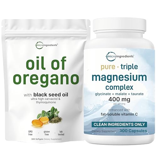 Micro Ingredients Oil of Oregano 6,000mg Softgels & Pure Triple Magnesium Complex 400mg Capsules | 2 Pack Bundle | 4X Strength Thymoquinone with Black