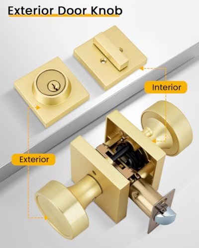 Image of Goldenwarm Gold Door Lock Set with Deadbolt, Brushed Gold Privacy Door Knob and Deadbolt Set, Zinc Alloy Exterior Door Knobs, 2 Pack