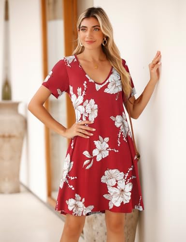 Image of JollieLovin Women T Shirt Plus Size Summer Swing Dresses Short Sleeve V Neck Loose Casual Dress(L-5X)