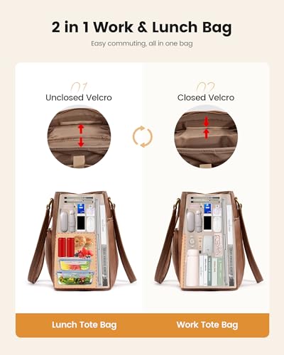 Image of LOVEVOOK Lunch Bag for Women, Leather Work Laptop Tote Bag with Insulated Lunch Compartment&Cup Holder, 15.6 Inch 2 in 1 Lunch Tote for Business, Teacher, Nurse, Office, College, Casual