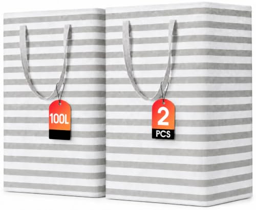 BOOMIBOO 2-Pack Large Laundry Basket,Waterproof Freestanding Laundry Hamper,Collapsible Clothes Basket with Easy Carry Handles in Laundry Room Bathroom Bedroom Dorm,Grey,100L