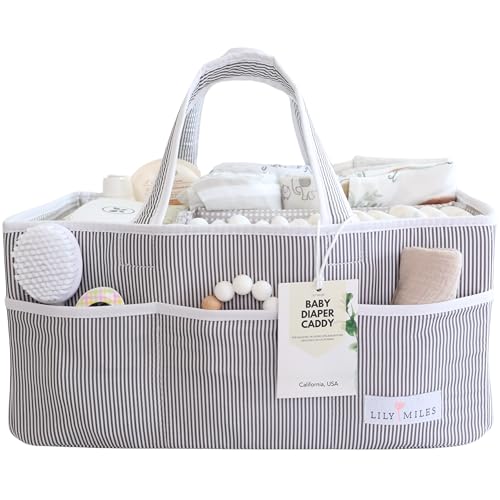 Image of Lily Miles Baby Diaper Caddy Organizer - Baby Shower Basket for Newborn Boys or Girls - Nursery Must Haves for New Mom - Baby Registry Favorites - Large Storage Tote for Changing Table or Car, Gray