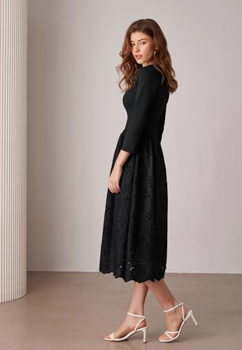 GRACE KARIN Womens Summer 3/4 Sleeve Dress with Pockets A Line Midi Eyelet Dress Empire Waist Casual Fall Flowy Dress3