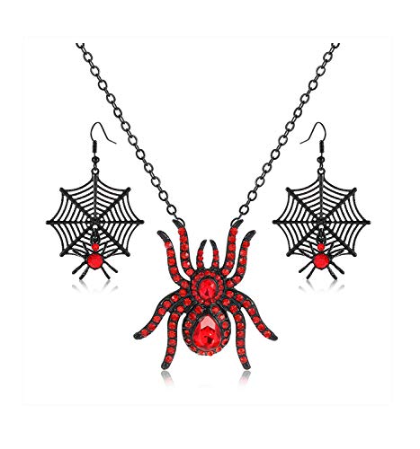 MOLOCH Halloween Spider Jewelry Set Crystal Tarantula Pendant Necklaces Spider Web Dangle Earrings Set Halloween Party Costume Jewelry for Women (Red)