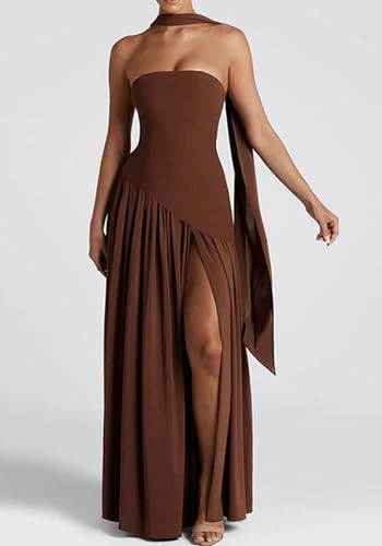 Women's Elegant Strapless Long Dress with Scarf Cocktail Wedding Guest Prom Maxi Dresses with Slit2