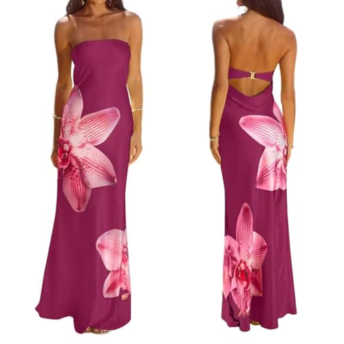 Image of Sastianaen Women Y2k Strapless Maxi Dress Floral Print Tube Dress Split Bodycon Long Dresses Summer Going Out Streetwear
