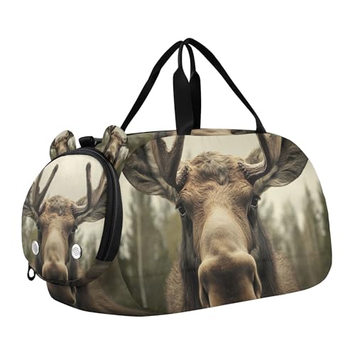 Glaphy Moose Funny Duffle Bag for Toddler Boys Girls, Gym Sports Bag with Shoe Compartments, Kids Travel Overnight Weekender Shoulder Bag