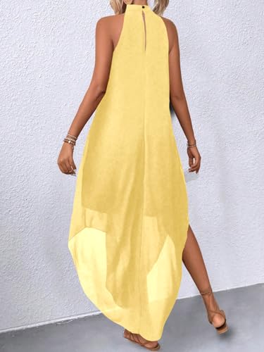 Image of Verdusa Women's Wedding Guest Dress Halter Flowy Chiffon Long Dresses | Cocktail Dress, Asymmetrical Dress for Women, Sleeveless, Prom Dress, Cruise Outfits, Boho