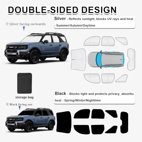 Image of KMF Windshield Sun Shade Replacement for Ford Bronco Sport Accessories 2021-2024 2025, Side Window Sun Shade Cover Sun Visor Shield Cover,Sunshade for Camping /Baby UV Block and Privacy Protect