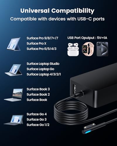Image of Surface Laptop Charger - 65W for Microsoft Surface Laptop 5 4 3 2, Windows Surface Laptop Studio, Surface Pro 9 8 7+ 7 6 5 4 3 X, Surface Go 3 2, Surface Book 2 Power Supply AC Adapter Cord