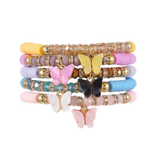 Image of COLORFUL BLING 4-5Pcs Adjustable Cute Butterfly Stackable Stretch Bracelet Multilayer Bohemian Crystal Beads Strand Wrap Bracelet Statement Jewelry Gifts for Women
