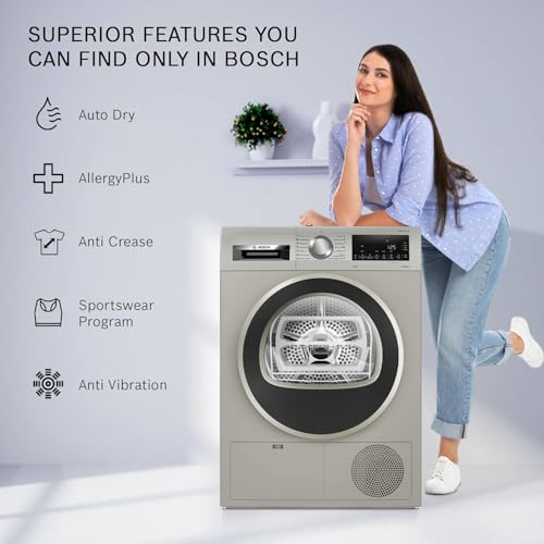Image of Bosch 8 kg Fully Automatic Front Load Condenser Heat Pump Tumble Dryer | 100% Drying, 0% Effort | 5 Drying Options | Reduces 99.9% Allergens | Ready-to-Wear No Crease (WPG23108IN, Silver Inox)
