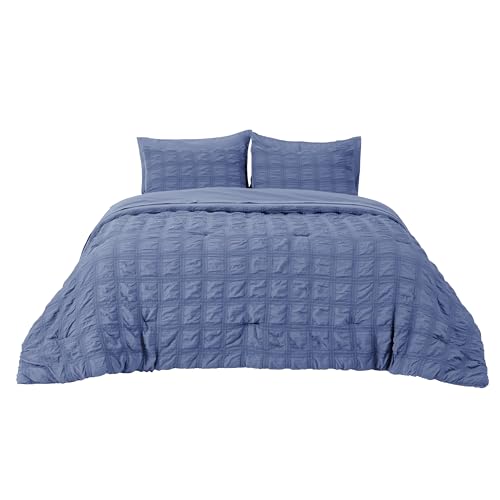 Image of Bedsure Bed in a Bag Queen - 7 Pieces Plaid Seersucker Bedding Comforter Sets, Soft Lightweight Mineral Blue Boho Bed Set with Comforters Queen Size, Sheets, Pillowcases & Shams