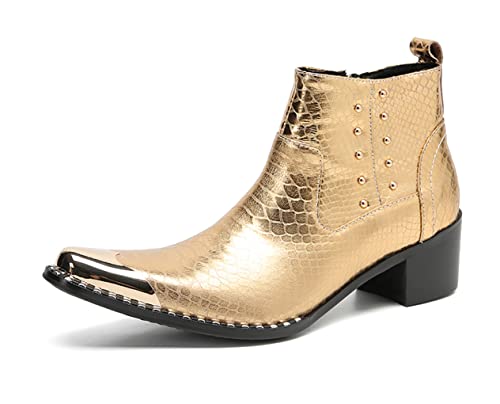 Santimon Mens Chelsea Boots Party Dress Casual Genuine Leather Beaded Zipper Metal Square Toe Ankle Boots Fashion Prom Wedding Tuxedo Western Ballroom Disco Cowboy Chukka Boots for Mens