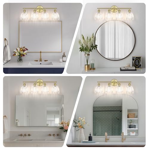 Image of Vintage Bathroom Light fixtures, Gold Vanity Lights, ETL Certified | 25.2 in, Clear Tulip Glass Shade, Hardwired Bathroom Vanity Light, E26 Socket, Bulbs Not Included