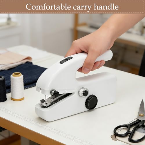 Image of Hand Held Sewing Machine for Adults & Beginners, with Orange Leather Storage Case and 112 PCS Sewing Kit, Portable Mini Hand Sewing Machine, Assorted Needles, Threads, Heavy Duty Scissors