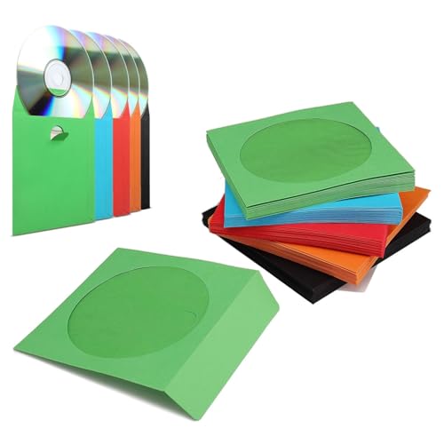 Flexzion Pochette CD papier, Enveloppe CD/DVD en papier - lot de 100, 5 couleurs, avec fenêtre transparente et rabat, 100gsm, couleur durable, parfaite pour...