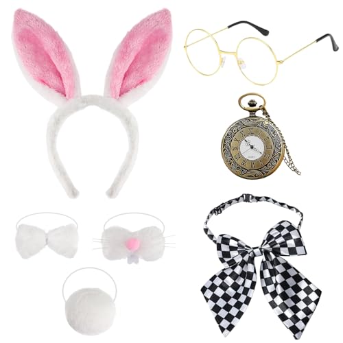 ZXTGBQ 7 peças conjunto de acessórios para disfarce de coelho, orelhas de coelho, bandana, gravata-borboleta, punhos, para festa de Páscoa Halloween