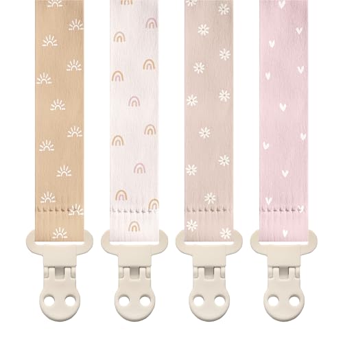 Image of Stadela Baby Pacifier Clip Holder - Girl 4 Pack Gift Set - Boho Rainbow Suns Hearts Daisies Design (Belle)